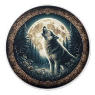 Classic, vintage wolf & moon  ceramic knob