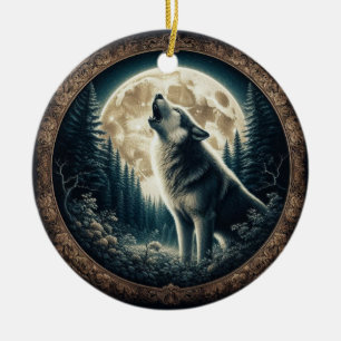 Classic, vintage wolf & moon ceramic tree decoration