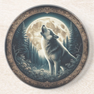Classic, vintage wolf & moon coaster
