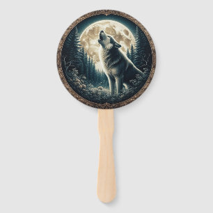 Classic, vintage wolf & moon hand fan