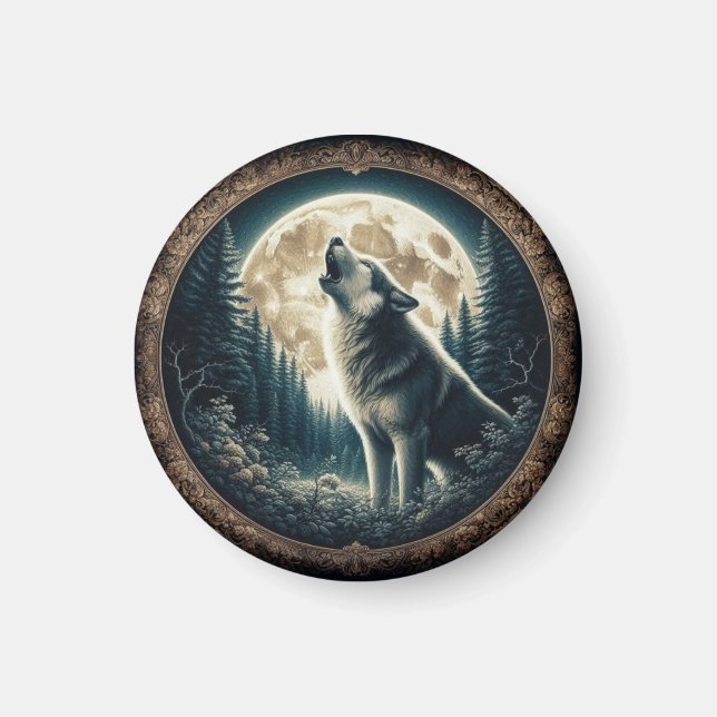 Classic, vintage wolf & moon  magnet (Front)