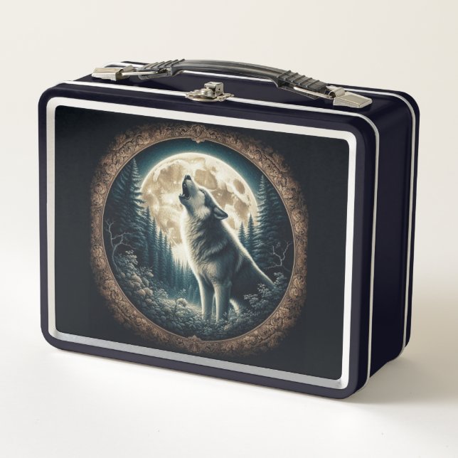 Classic, vintage wolf & moon  metal lunch box (Front)