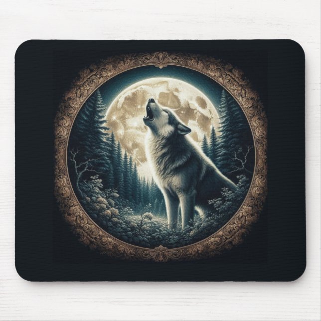 Classic, vintage wolf & moon  mouse mat (Front)