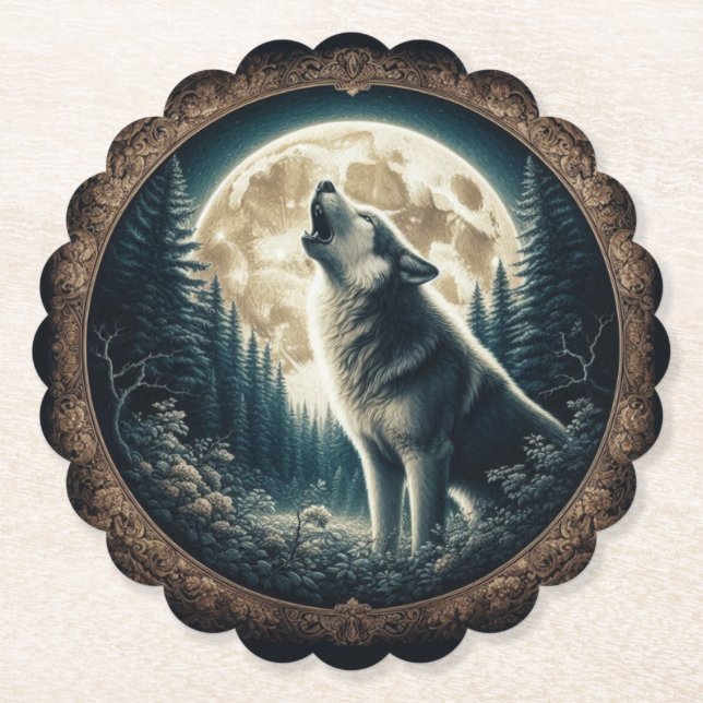 Classic, vintage wolf & moon  paper coaster (Front)
