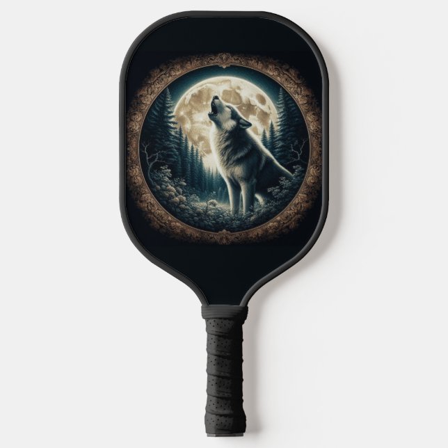 Classic, vintage wolf & moon  pickleball paddle (Front)