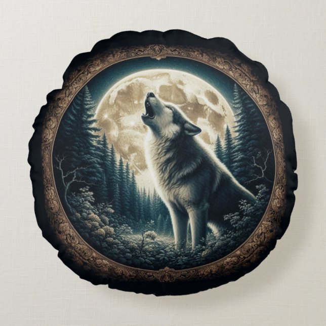 Classic, vintage wolf & moon  round cushion (Front)