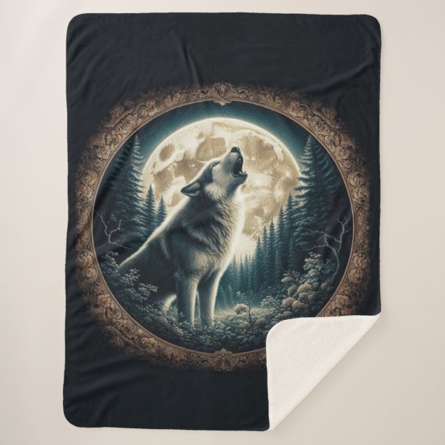 Classic, vintage wolf & moon  sherpa blanket (Front)