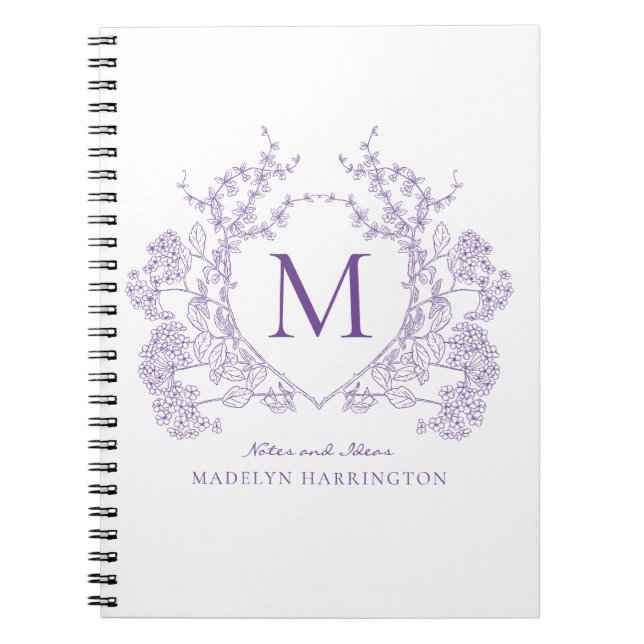 Classic Violet Floral Crest Monogram Notebook (Front)