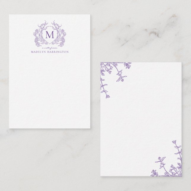 Classic Violet Floral Vintage Crest Monogram Card (Front/Back)