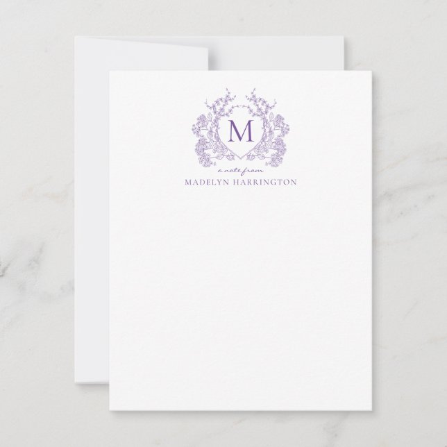 Classic Violet Floral Vintage Crest Monogram Card (Front)