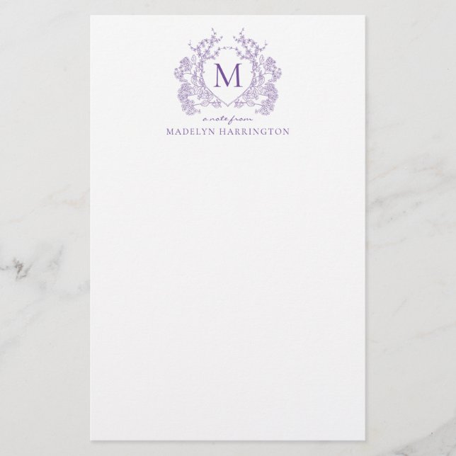 Classic Violet Floral Vintage Crest Monogram Stationery (Front)