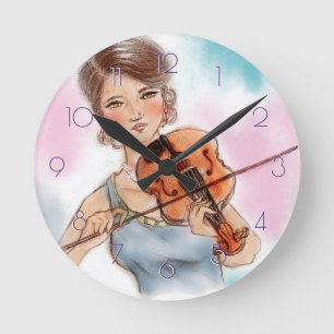 Classic Violin Lady Round Clock, Vintage Art Clock