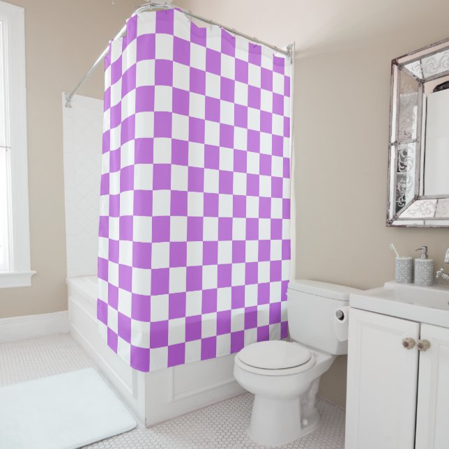 Classic visual magenta chequerboard  shower curtain (In Situ)
