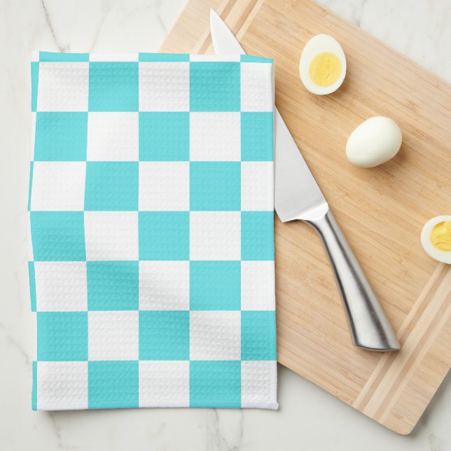 Classic visual turquoise blue checkerboard  tea towel (Quarter Fold)