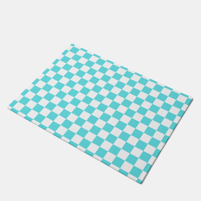 Classic visual turquoise blue chequerboard  doormat (Angled)