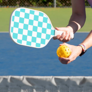 Classic visual turquoise blue chequerboard pickleball paddle