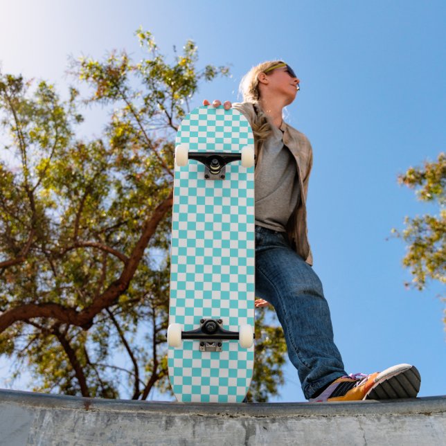 Classic visual turquoise blue chequerboard  skateboard (Outdoor 1)