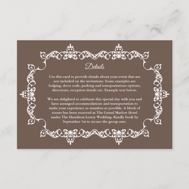 Classic Warm Mocha Brown Ornately Framed Wedding Enclosure Card (Front)