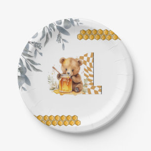Classic Watercolor Bear Honey First birthday  Paper Plate