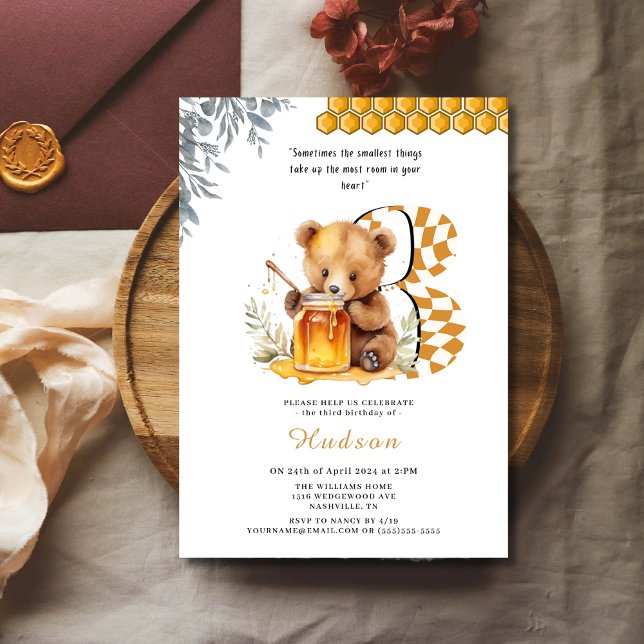 Classic Watercolor Bear Honey third birthday Invitation (Creator Uploaded)