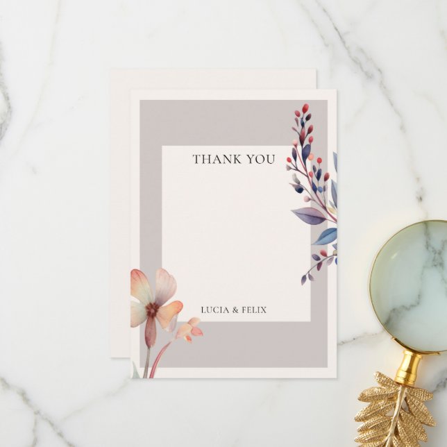 Classic Watercolor Blue Leaves Blank Wedding  Thank You Card (Front/Back In Situ)