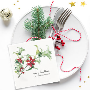 Classic Watercolor Christmas Holly Berries Name Napkin