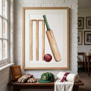 Classic Watercolor Cricket Bat and Ball Poster