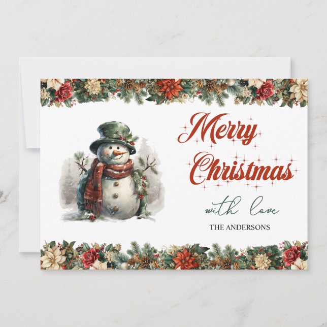 Classic watercolor cute snowman and holly berry holiday card (Front)