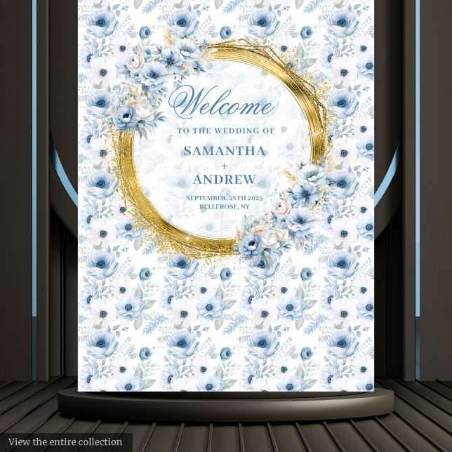 Classic Watercolor Dusty Blue Gold Wedding Banner Tapestry (Classic Watercolor Dusty Blue Gold Wedding Banner Tapestry)