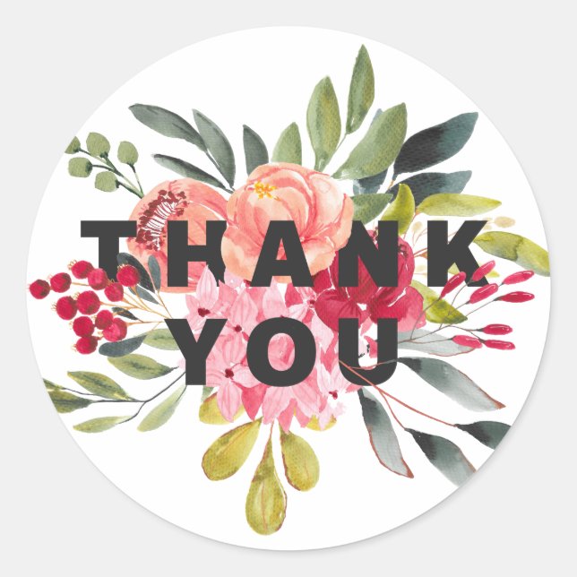 Classic Watercolor Flowers Floral Thank You Round Sticker (Front)