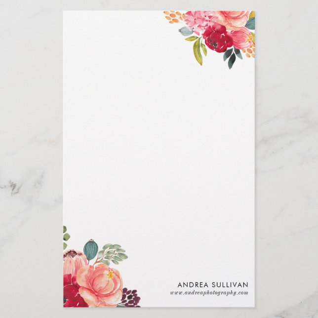 Classic Watercolor Flowers Personalised Stationery (Front)