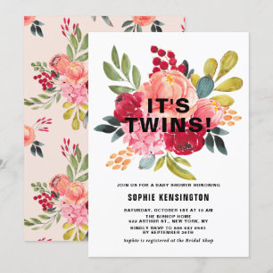 Classic Watercolor Flowers Twins Baby Shower Invitation