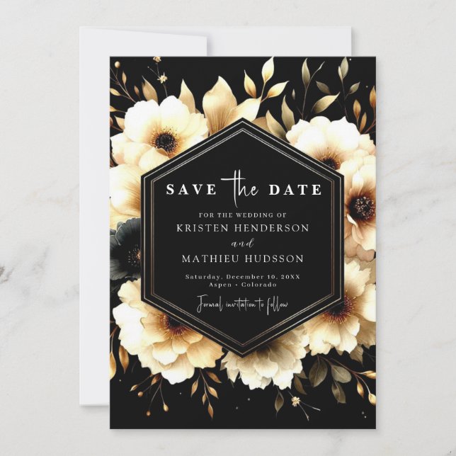 Classic Watercolor Gold and Black Wedding Save The Date (Front)