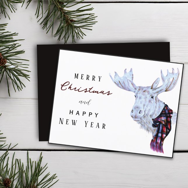 Classic Watercolor Moose Merry Christmas New Year Postcard (Creator Uploaded)