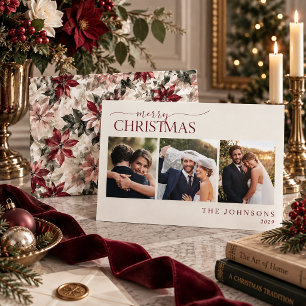 Classic Watercolor Poinsettia Christmas Photo Holiday Card