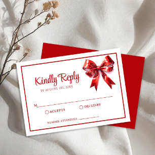 Classic Watercolor Red Bow Wedding RSVP Card