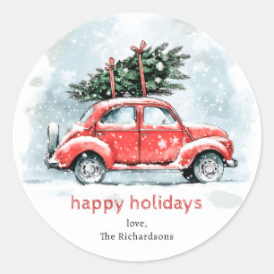 Classic Watercolor Red Car Christmas Tree Holiday Round Sticker