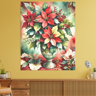 Classic Watercolor Red Poinsettia Bouquet  Canvas Print