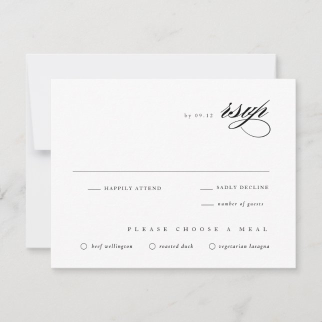 Classic Wedding Black & White Elegant Script RSVP Card (Front)