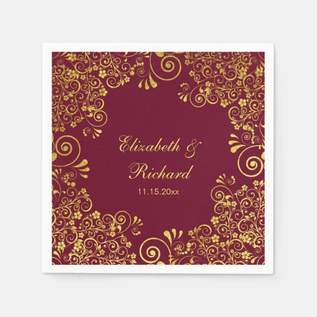 Classic Wedding Burgundy Gold Floral Pattern Napkin (Front)