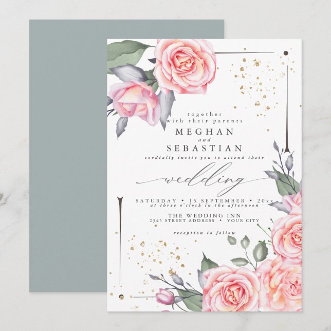 Classic Wedding Elegant Watercolor Pink Roses Invitation (Front/Back)