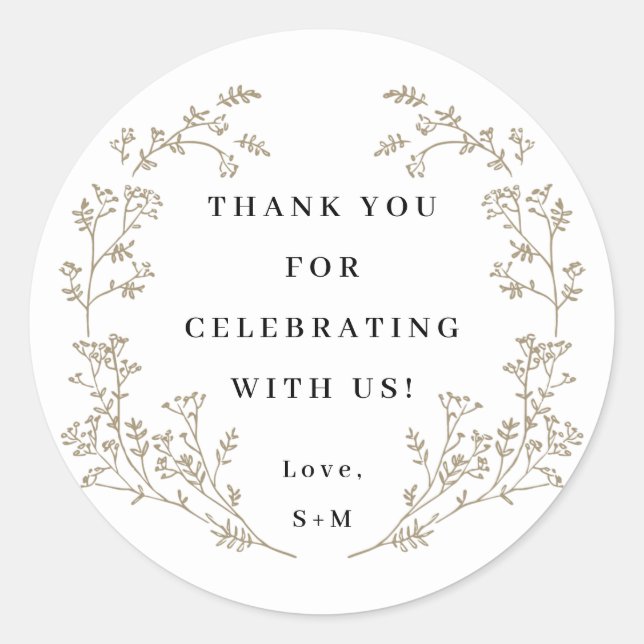 Classic Wedding Laurel Monogram Thank You Wreath Classic Round Sticker (Front)