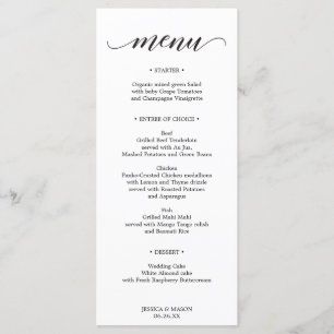 Classic Wedding Menu or Bridal Shower Menu Card