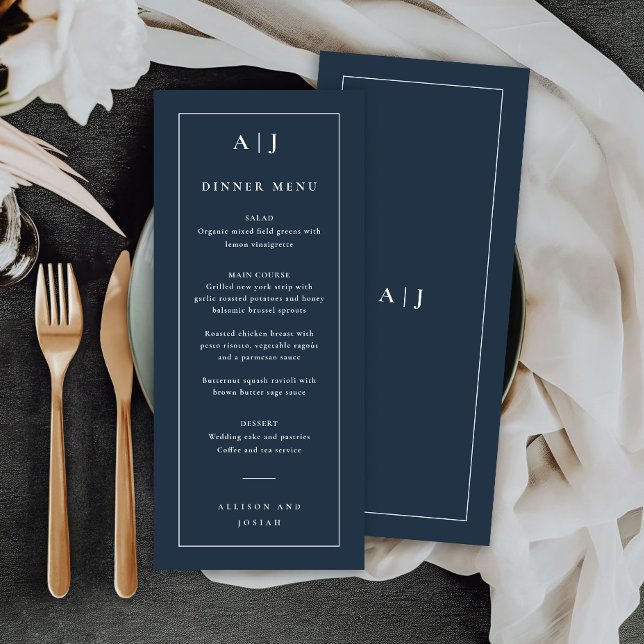 Classic wedding monogram dinner menu (Classic navy blue wedding monogram dinner or bar menu.)