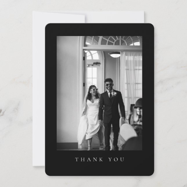 Classic Wedding Photo Black Rounded Thank You Card (Front)