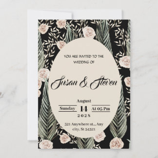 Classic wedding, pink roses, beige, green foliage invitation