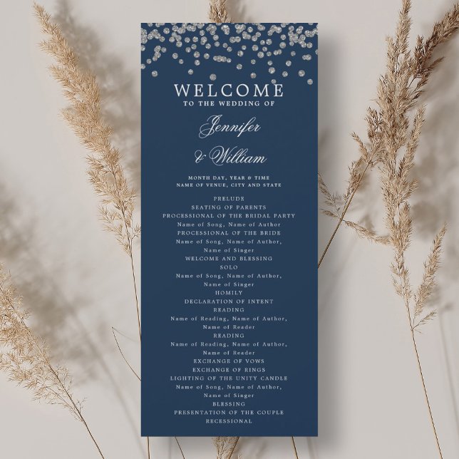 Classic Wedding Program Confetti Silver Navy  Invitation (Classic Wedding Program Confetti Silver Navy )
