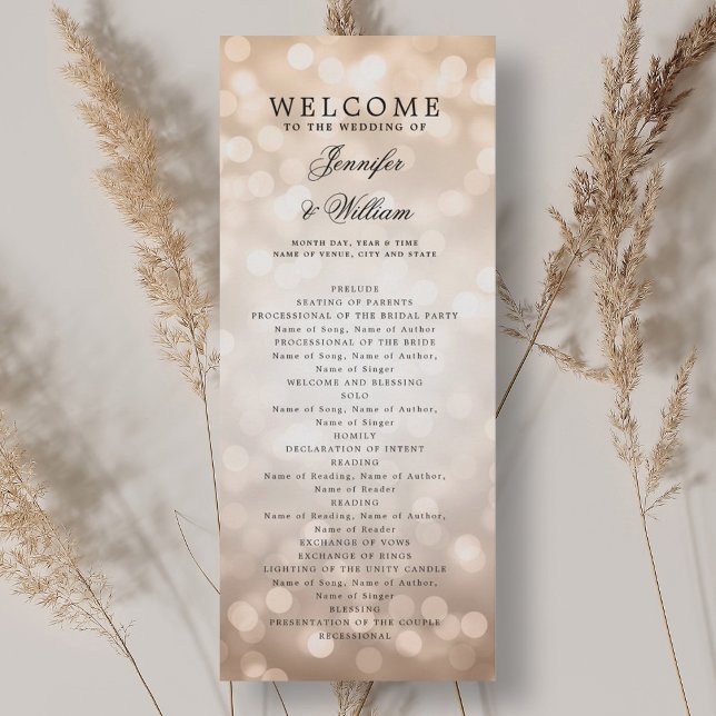 Classic Wedding Program Rose Gold Bokeh Lights Invitation (Classic Wedding Program Rose Gold Bokeh Lights)
