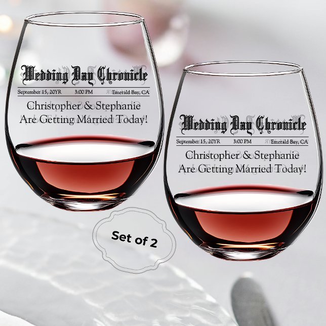 Classic Wedding Reception Speech Custom Name Date Stemless Wine Glass (Newspaper Wedding Custom Anniversary Keepsake Stemless Glasses)