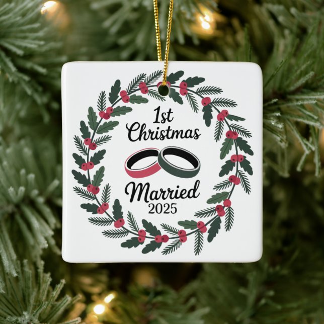 Classic Wedding Rings Wreath | 1st Christmas Ceramic Ornament (Tree)